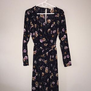 Navy Blue & Floral Print Long Sleeve Pantsuit